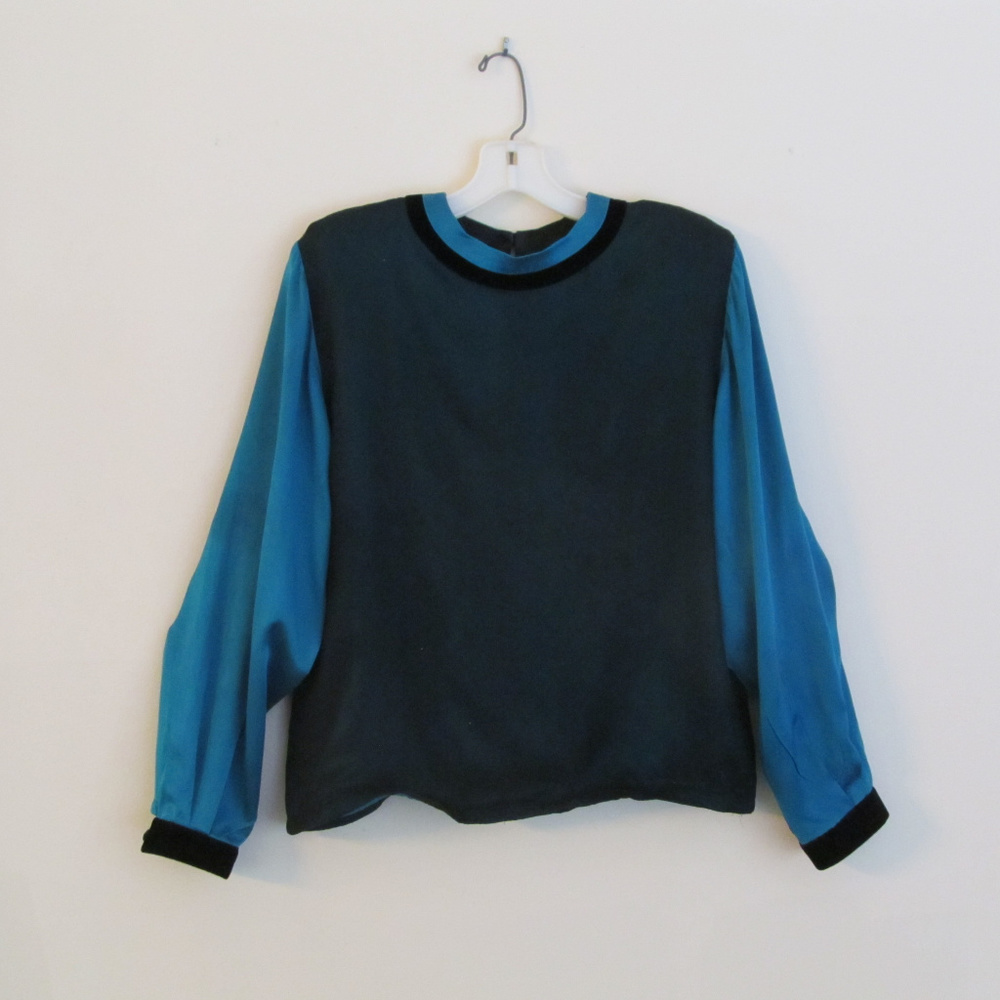 Bonnie Durant teal & black silk blouse